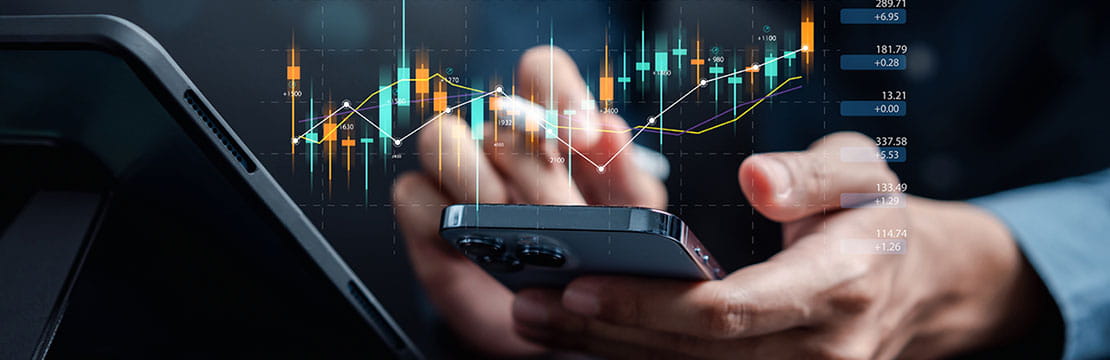 Investor think before buying stock market investment using smartphone to analyze trading data