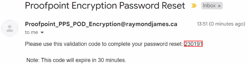 Proofpoint email with validation code.